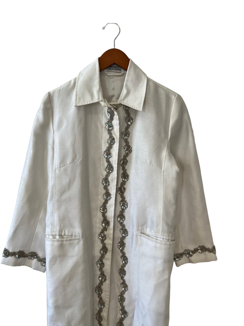 Vintage Dupioni Silk Dressy Evening Jacket White Beading & Sequin Trim